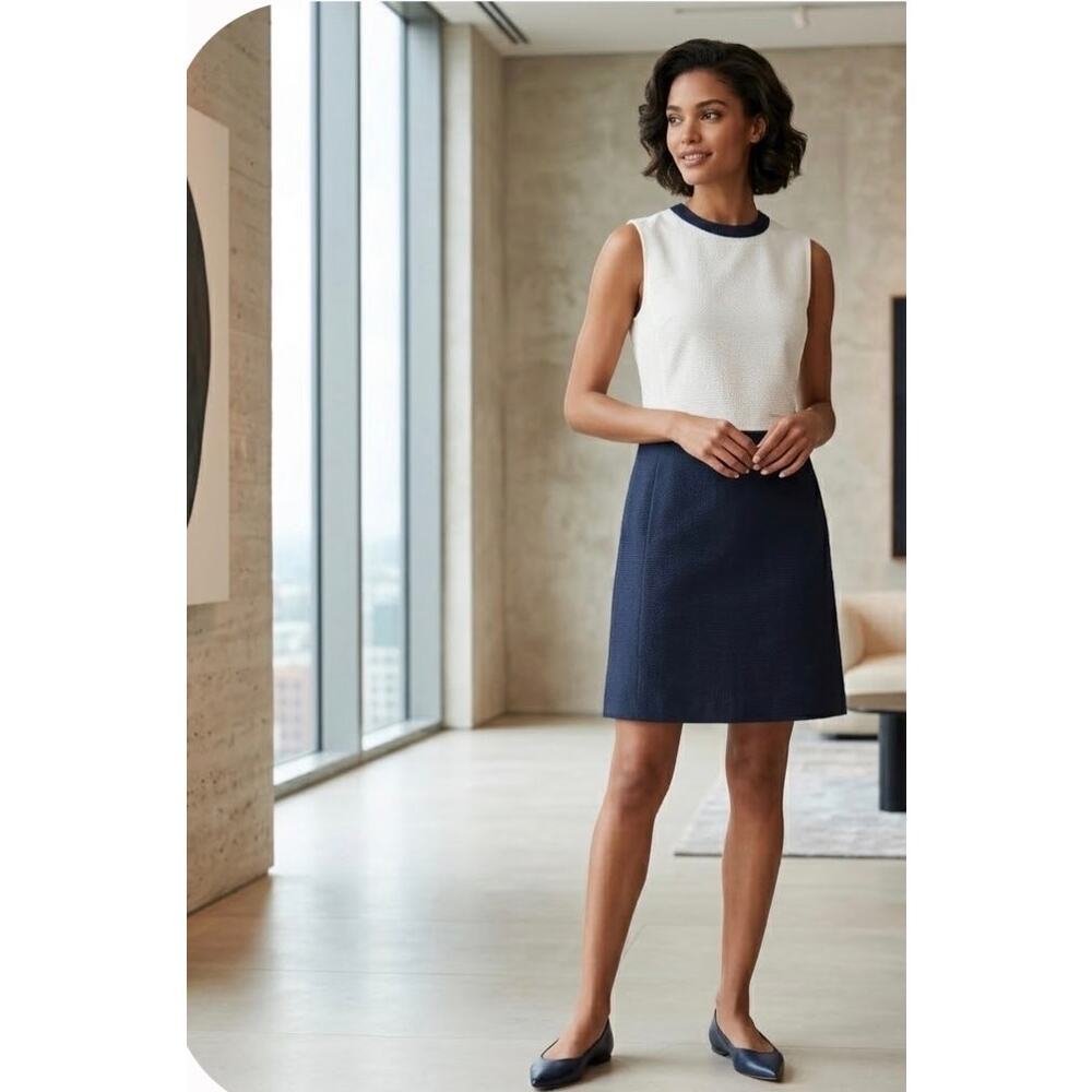 MaxMara Sleeveless Silk Blend Color-block Shift Dress Womens Size 6 Ivory/Navy